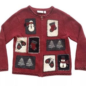 Christmas Cardigan Wool Angora Snowman Croft & Barrow Sz S Petite Red Zip